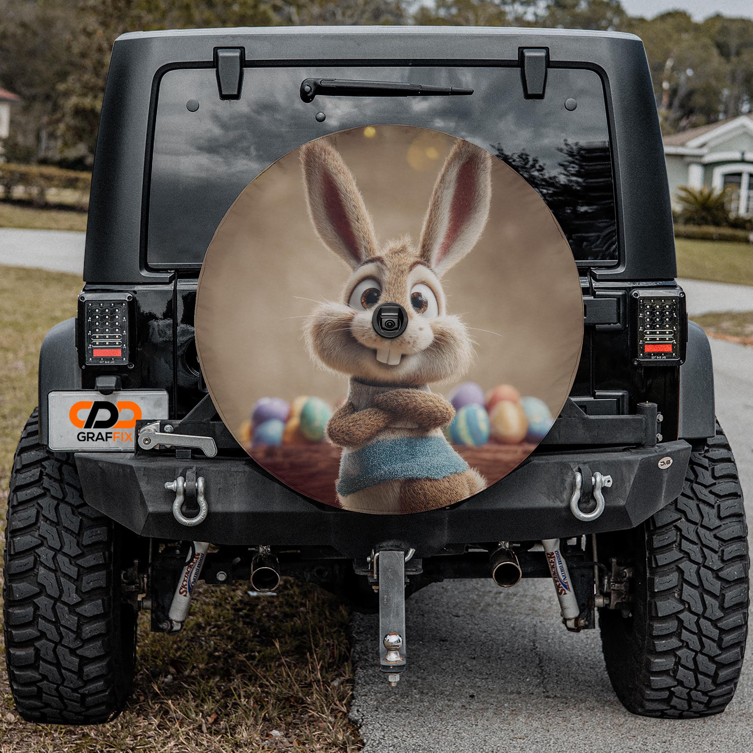a black jeep with a large round decal of a cartoon rabbit on the rear window.