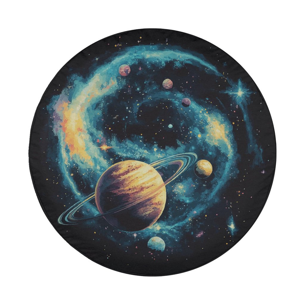 Planetary Pathways spare tire cover flat art with vibrant planets, orbits, and stars in a vivid cosmic composition