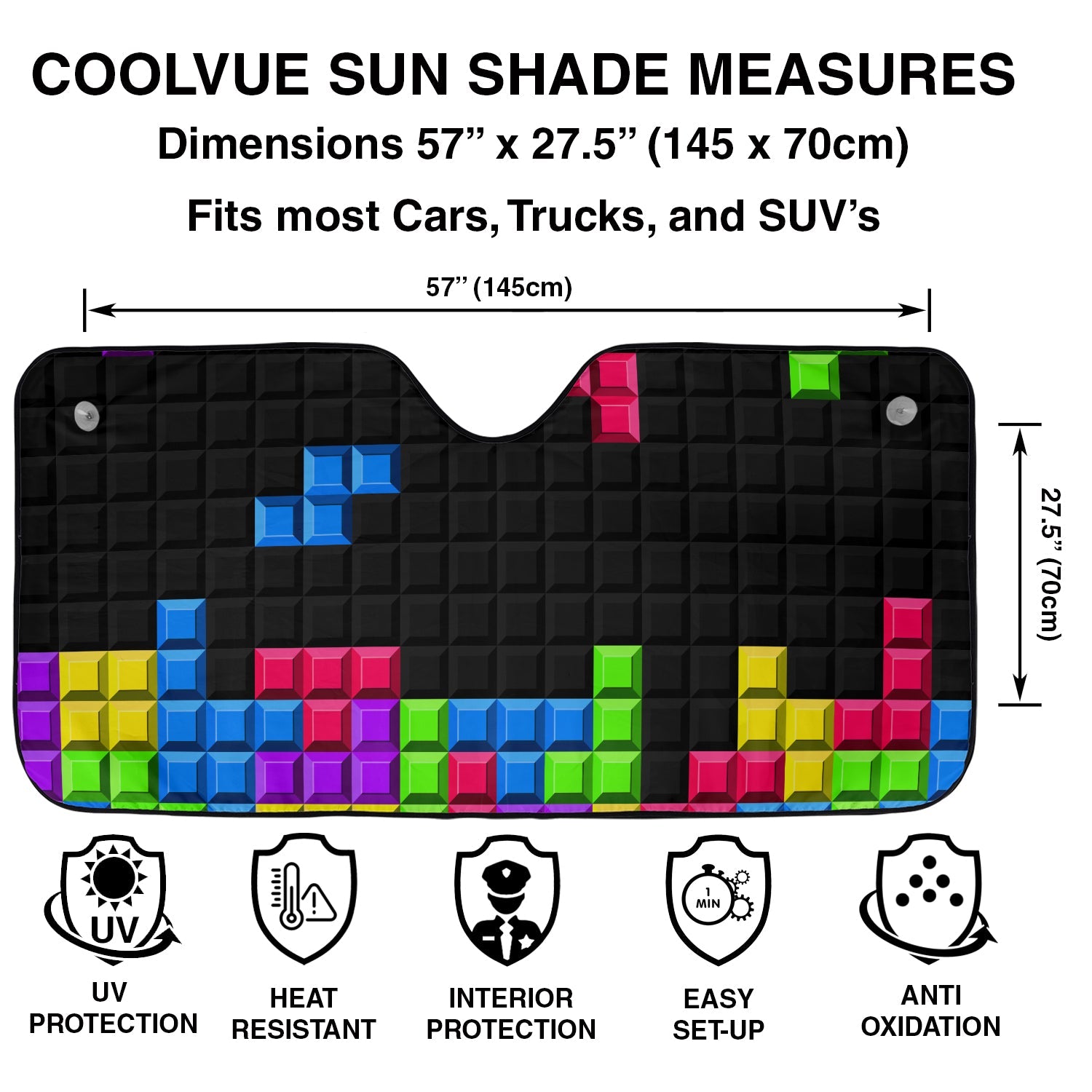 Pixel Block Puzzle windshield sunshade specs panel with 57 by 27.5 inch dimensions and UV protection icons