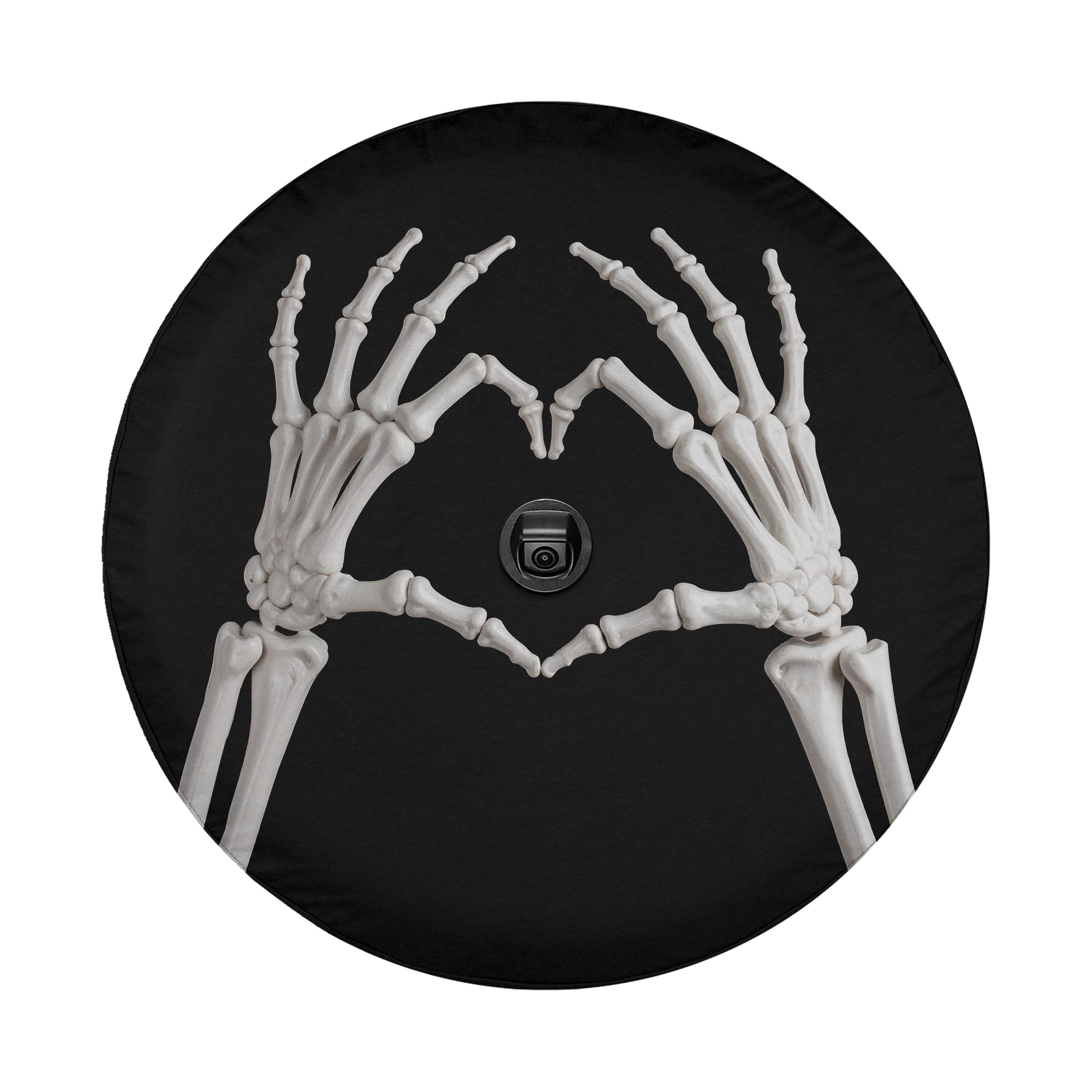 A skeleton hand forming a heart shape on a black background.