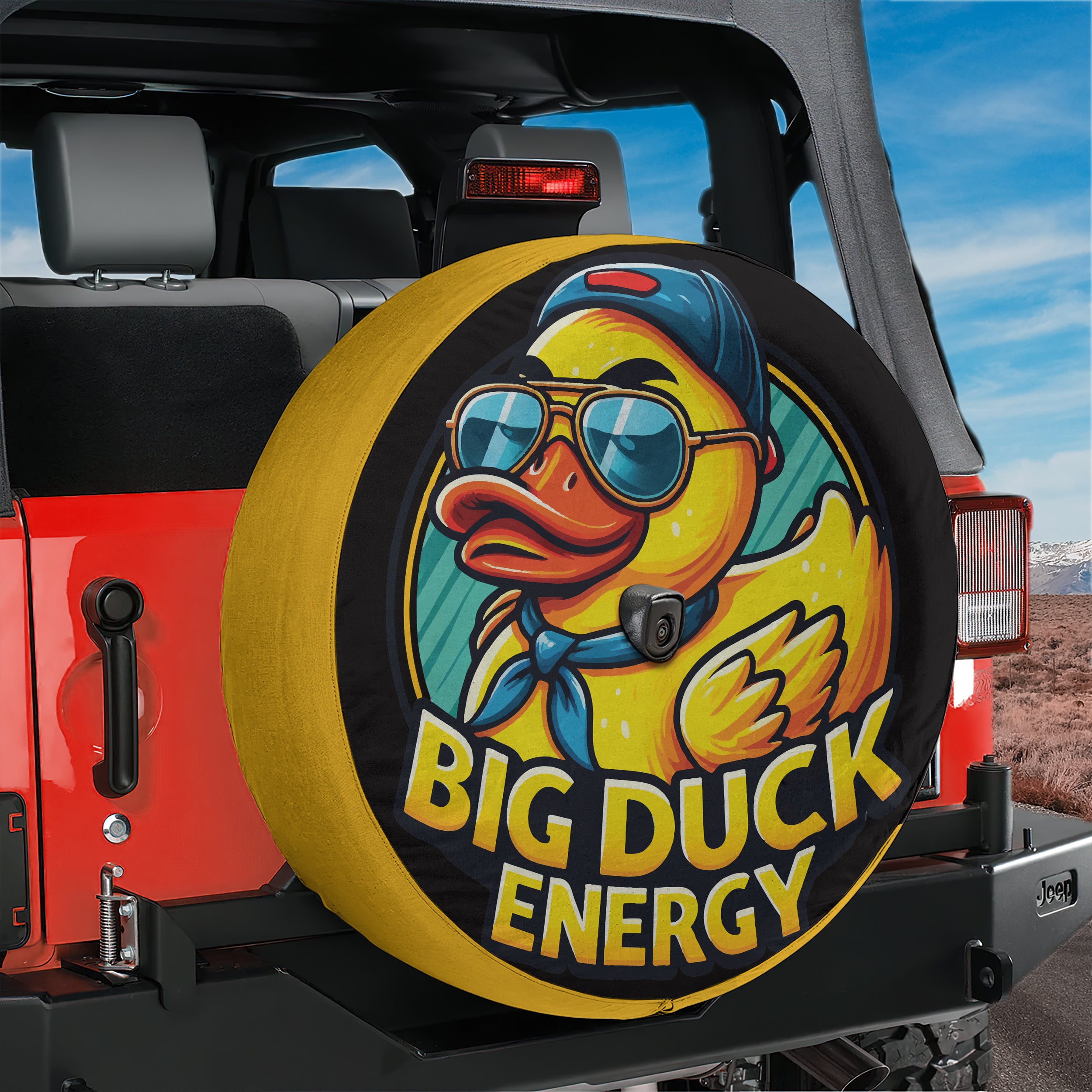 Big Duck Energy Rubber Duck design printed spare tire cover with optional backup camera hole by Graffix