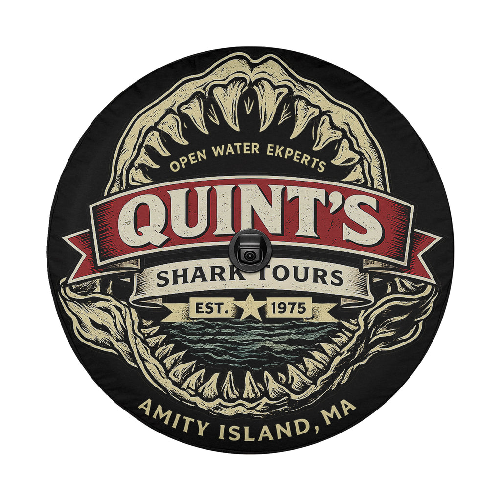 a circular logo with a shark's head design and text, including the name of the business.