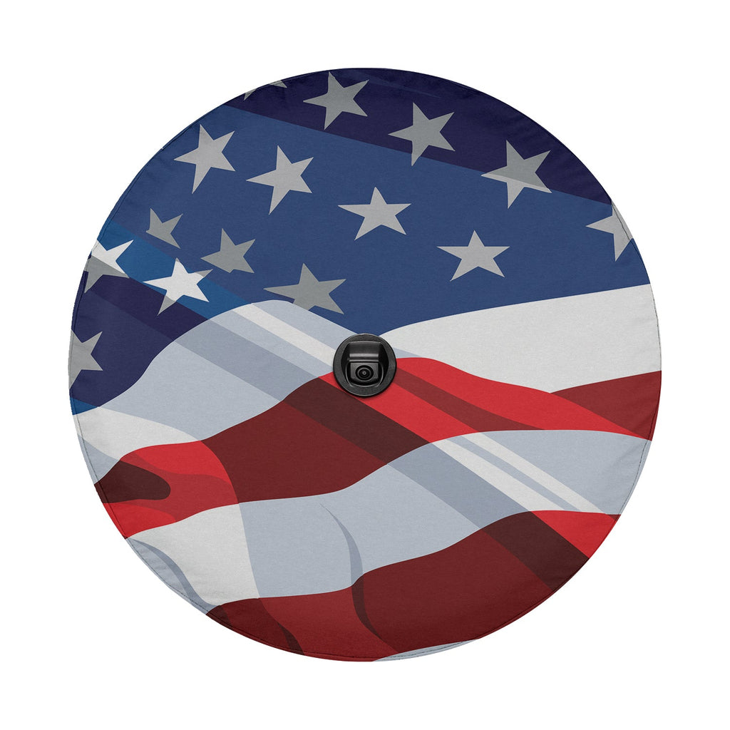 Patriotic American flag tire cover with backup camera hole stars stripes design on white background
