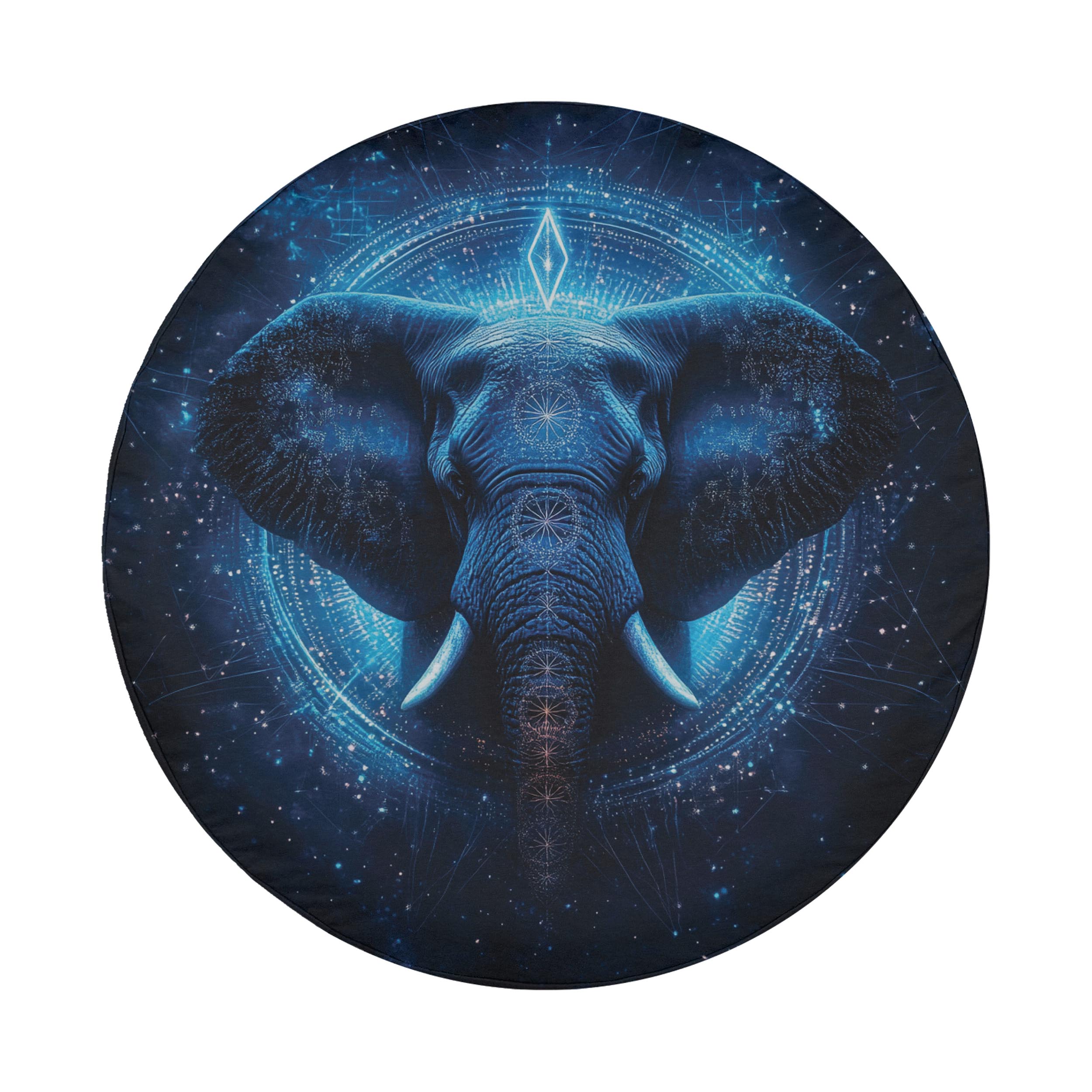 Glowing blue elephant sacred geometry tire cover flat product view with stars and crystal third eye