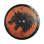 Round Viking Fenrir wolf shield tire cover white background snarling wolf orange weathered planks