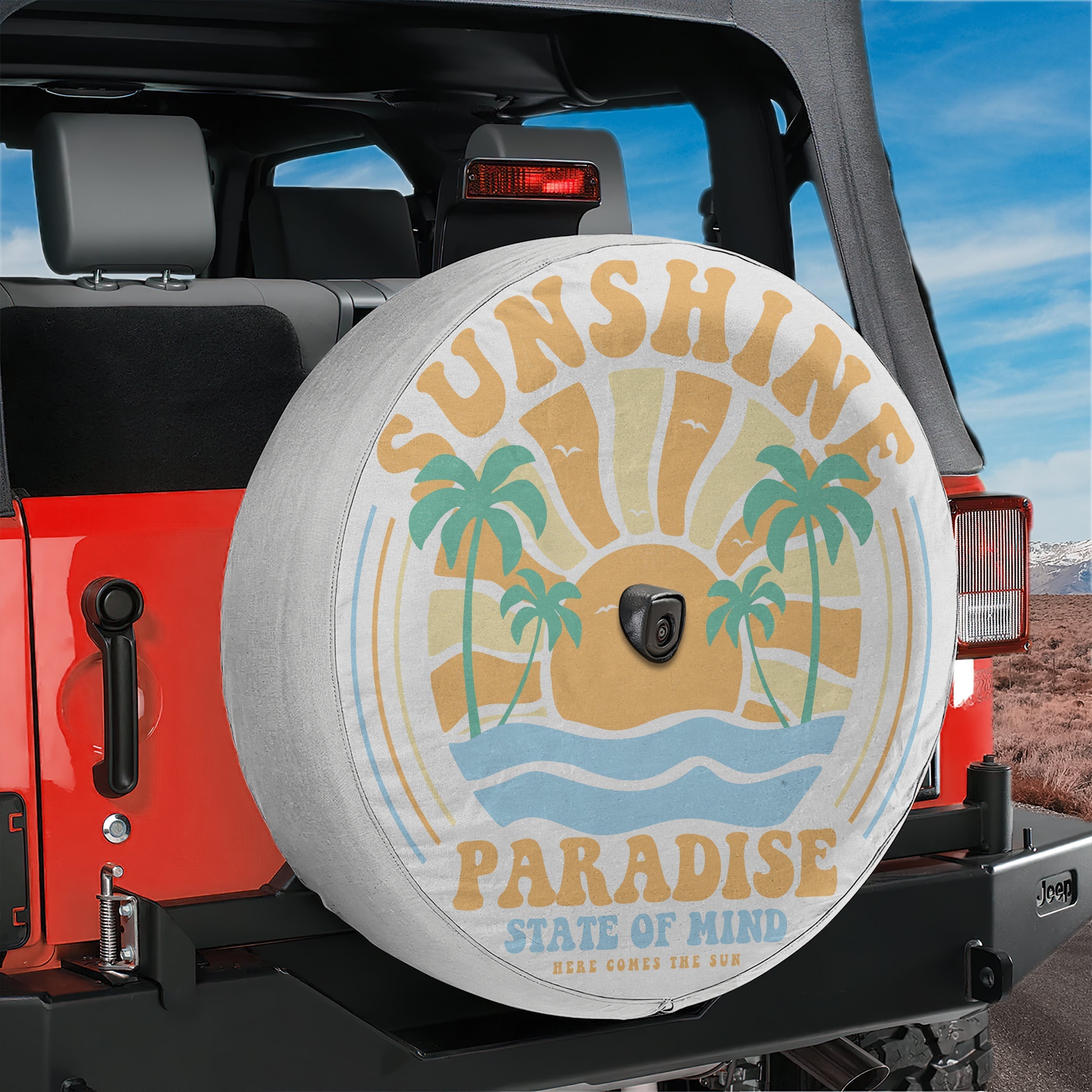 Sunshine Paradise design printed spare tire cover with optional backup camera hole by Graffix