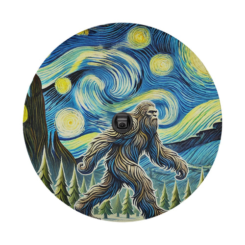 Bigfoot Starry Night tire cover with painterly cosmic forest scene and walking sasquatch