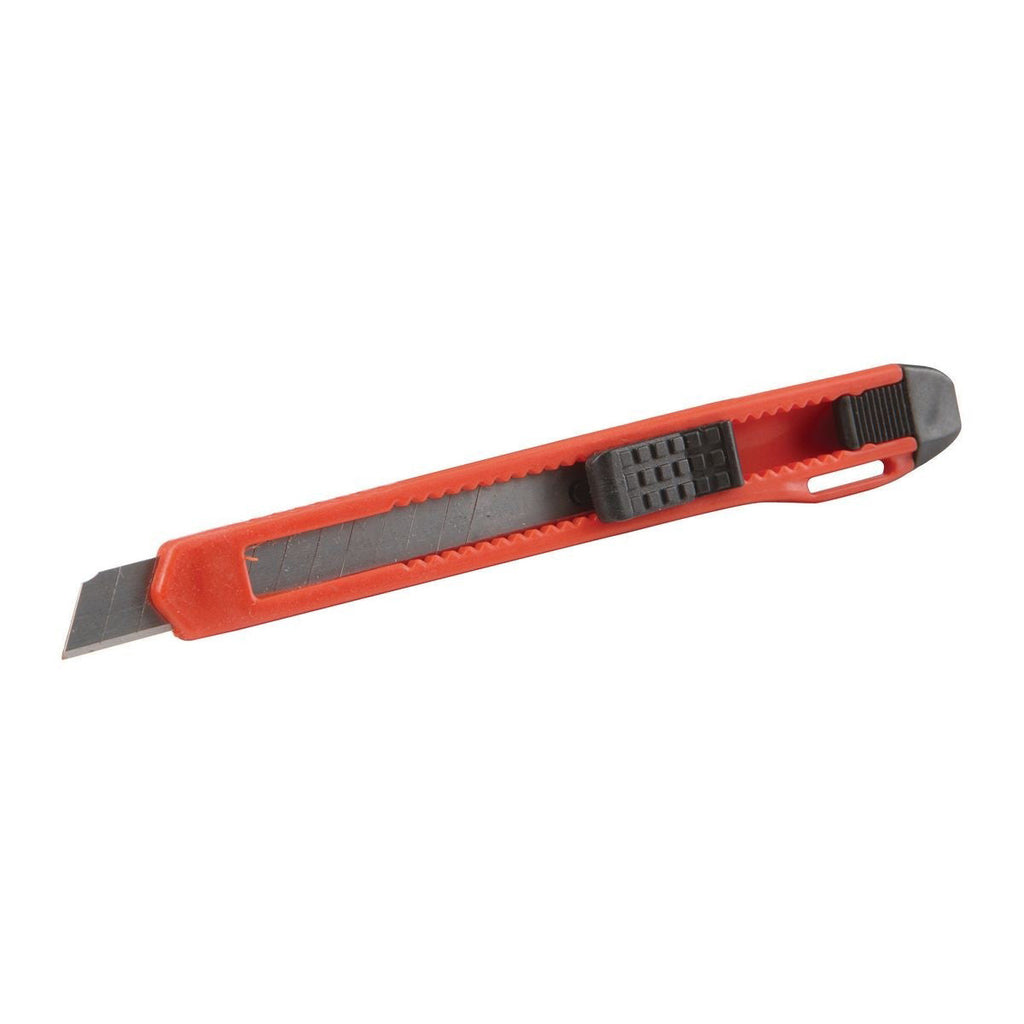 Red retractable snap-off blade utility knife with black slider grip shown on a white background