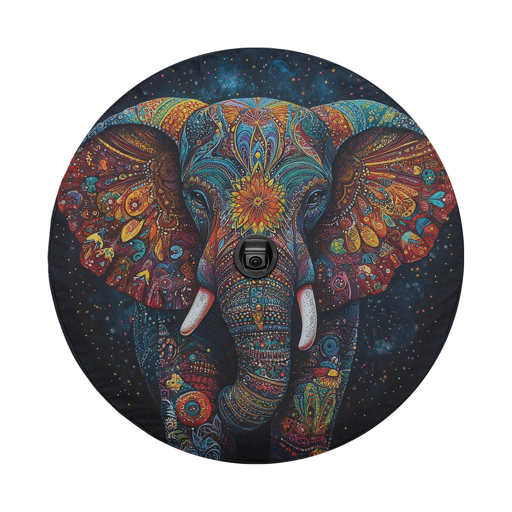 Mandala Elephant boho painted tire cover round product render with intricate paisley pattern on body