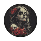 Dia de los Muertos Beauty spare tire cover product view of sugar skull woman and crimson roses