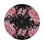 Pink sakura flower tire cover flat round view with branches framing center backup camera cutout hole