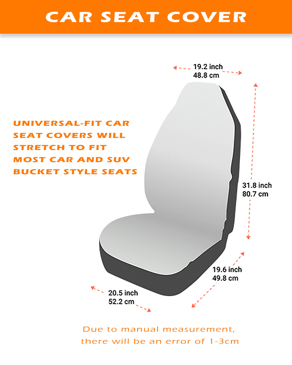 The image is a car seat cover with dimensions and a description of its features.