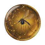 a close-up of a mosquito inside a glass container filled with a golden liquid, creating a visually striking and detailed representation of the insect.