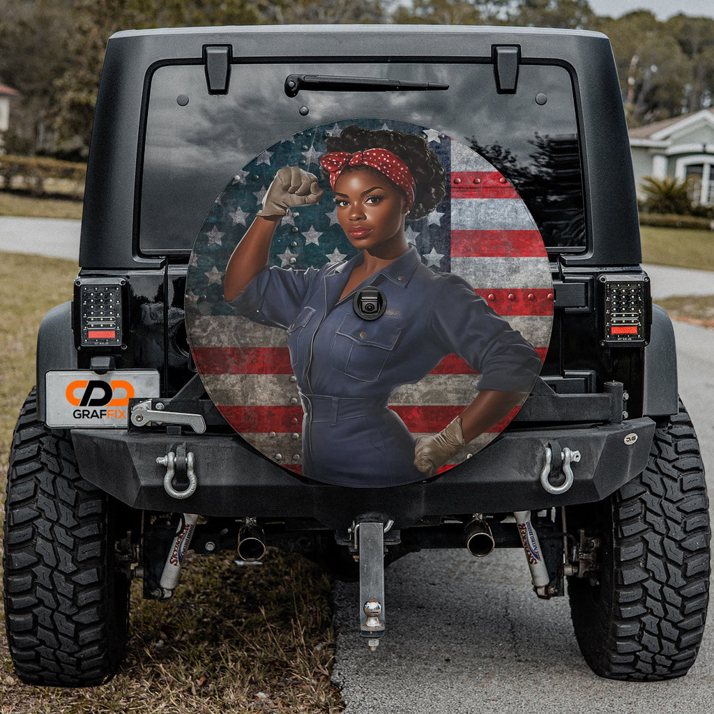 Sisterhood of Steel spare tire cover shown installed on rear of vehicle