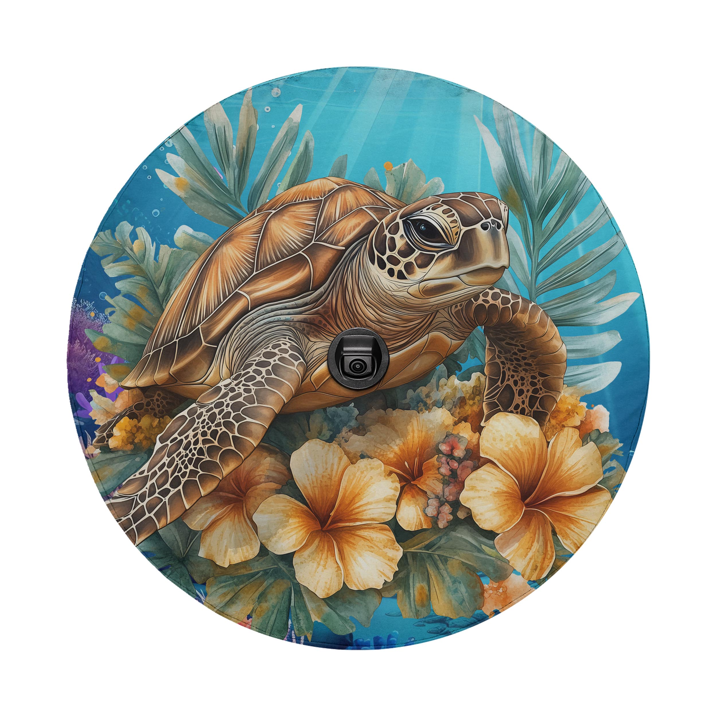 A detailed illustration of a sea turtle surrounded by tropical flowers and plants, with a blue background.