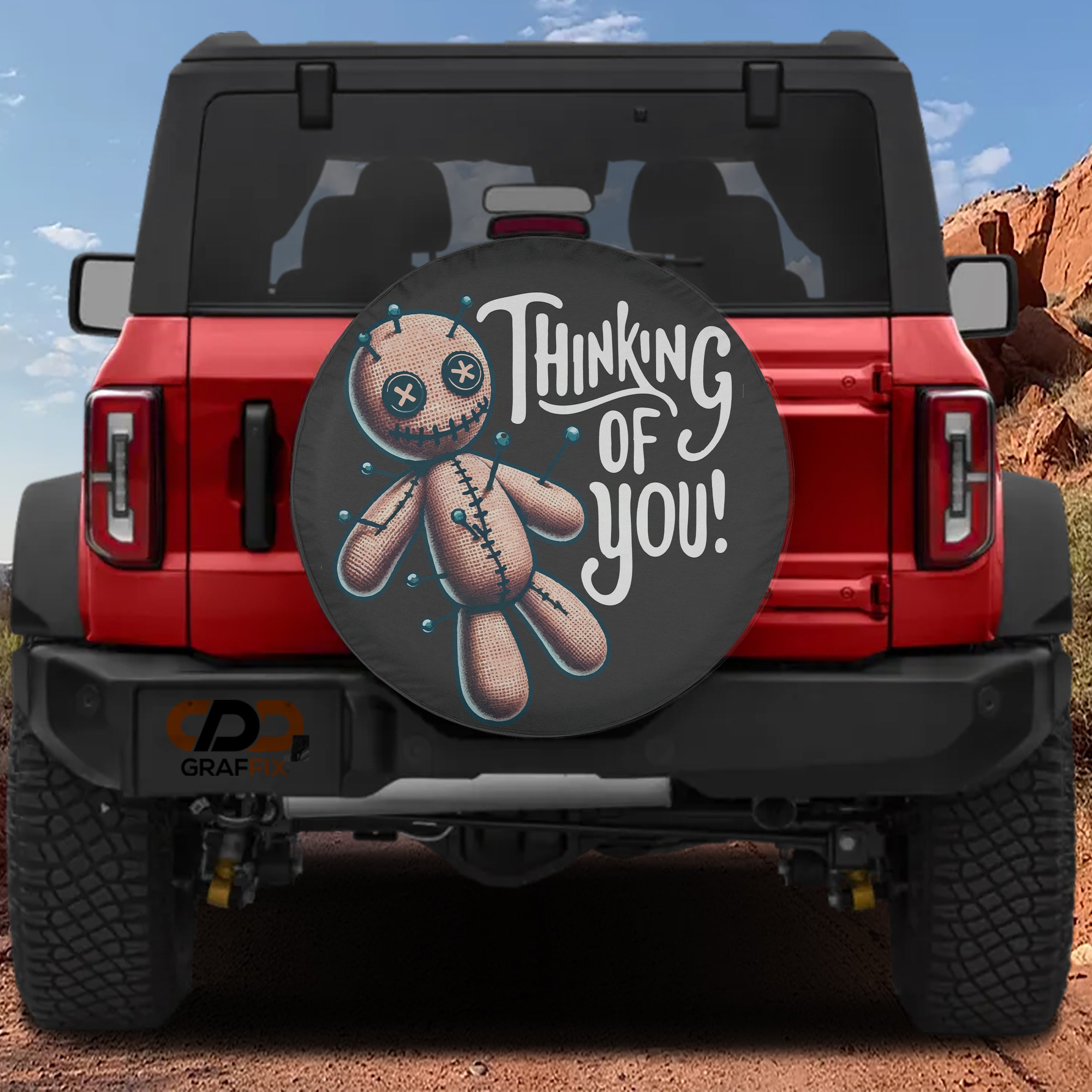 Voodoo doll spare tire cover alternate angle showing full printed graphic