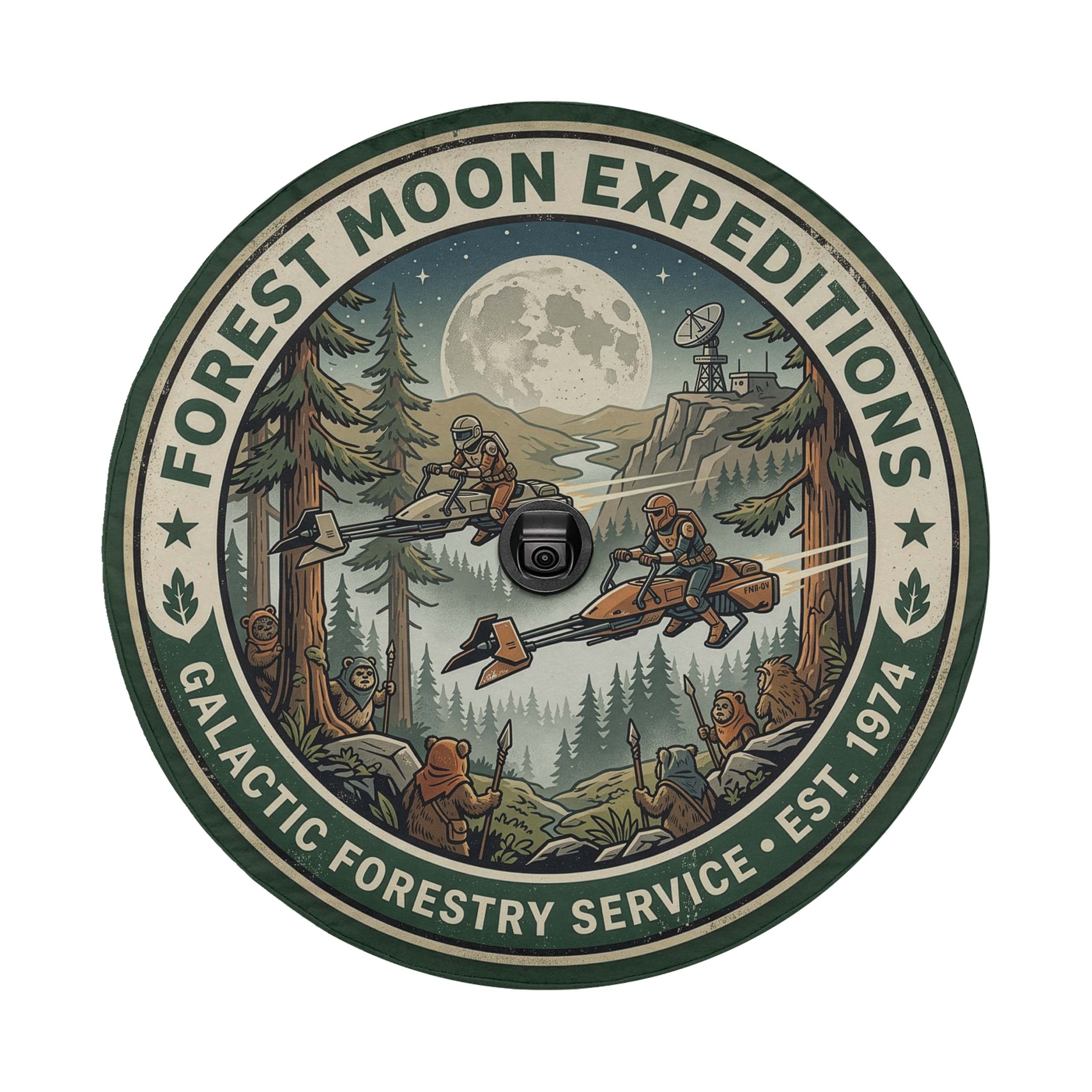 a circular emblem with a forest scene and a large moon in the background. The emblem is surrounded by a green border and includes various elements such as trees, a river, and a large moon.