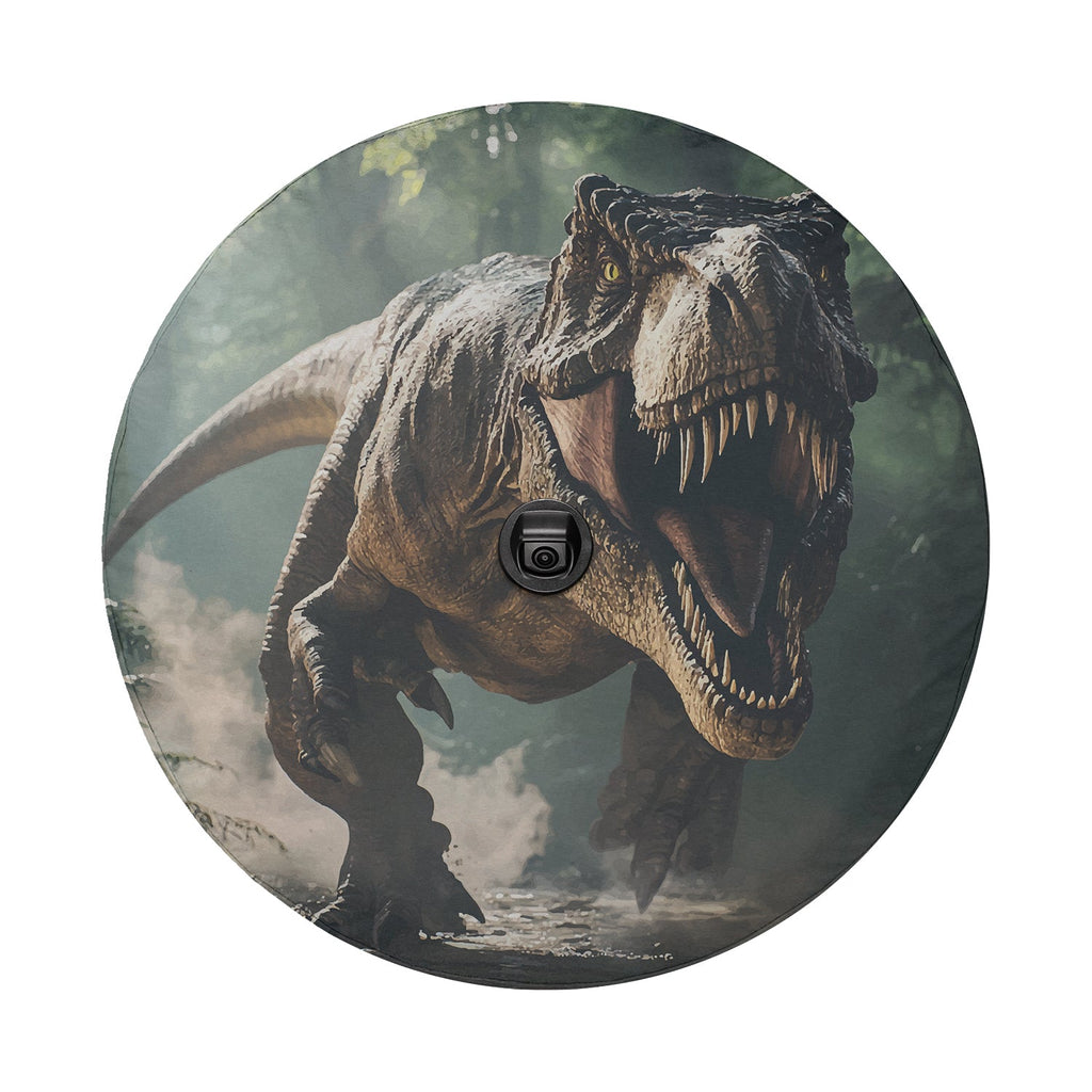 Round Tyrannosaurus rex tire cover with backup camera hole roaring dinosaur misty forest background