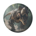 Round Tyrannosaurus rex tire cover with backup camera hole roaring dinosaur misty forest background