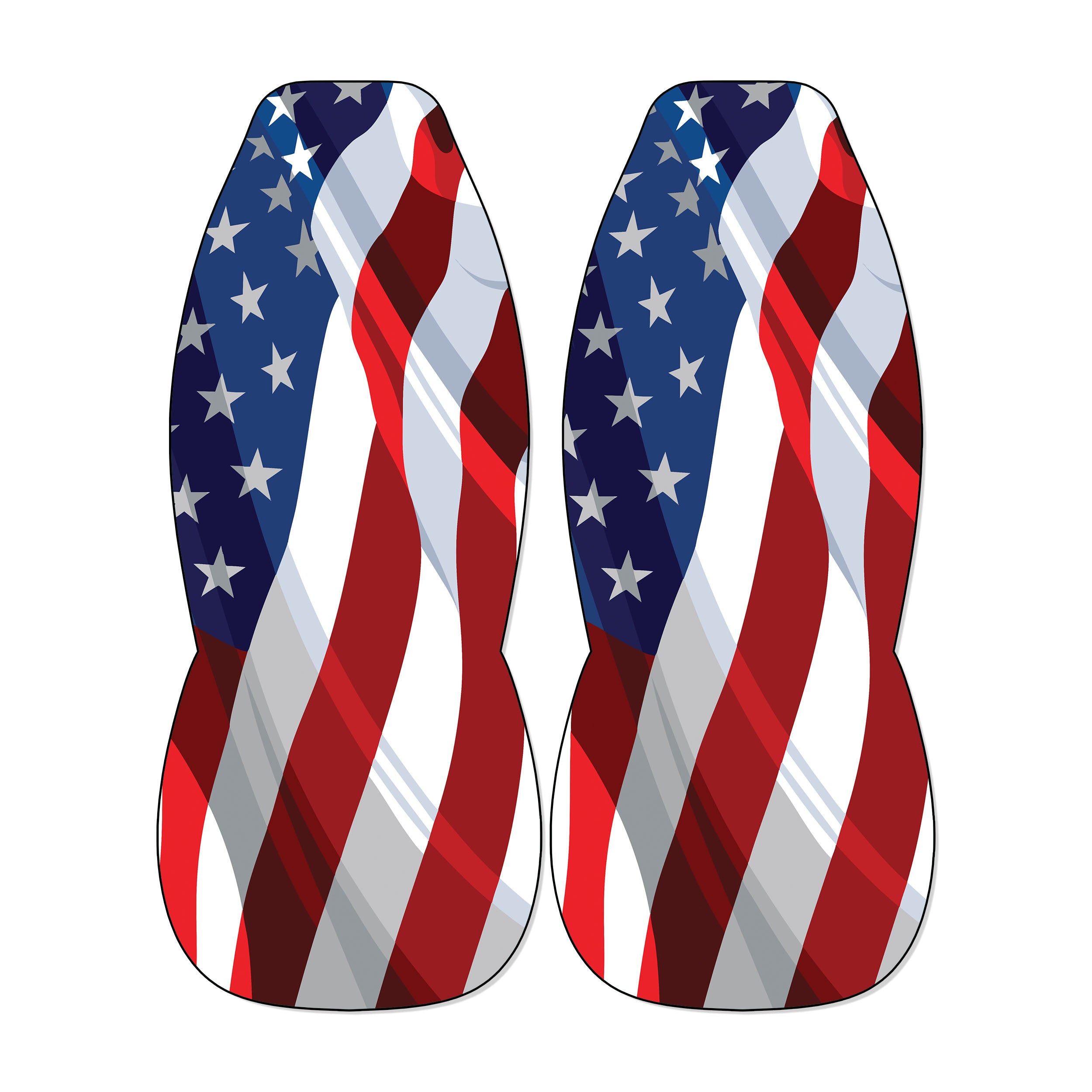 two American flag-themed car seat covers, both displaying the flag's iconic red, white, and blue stripes and stars.