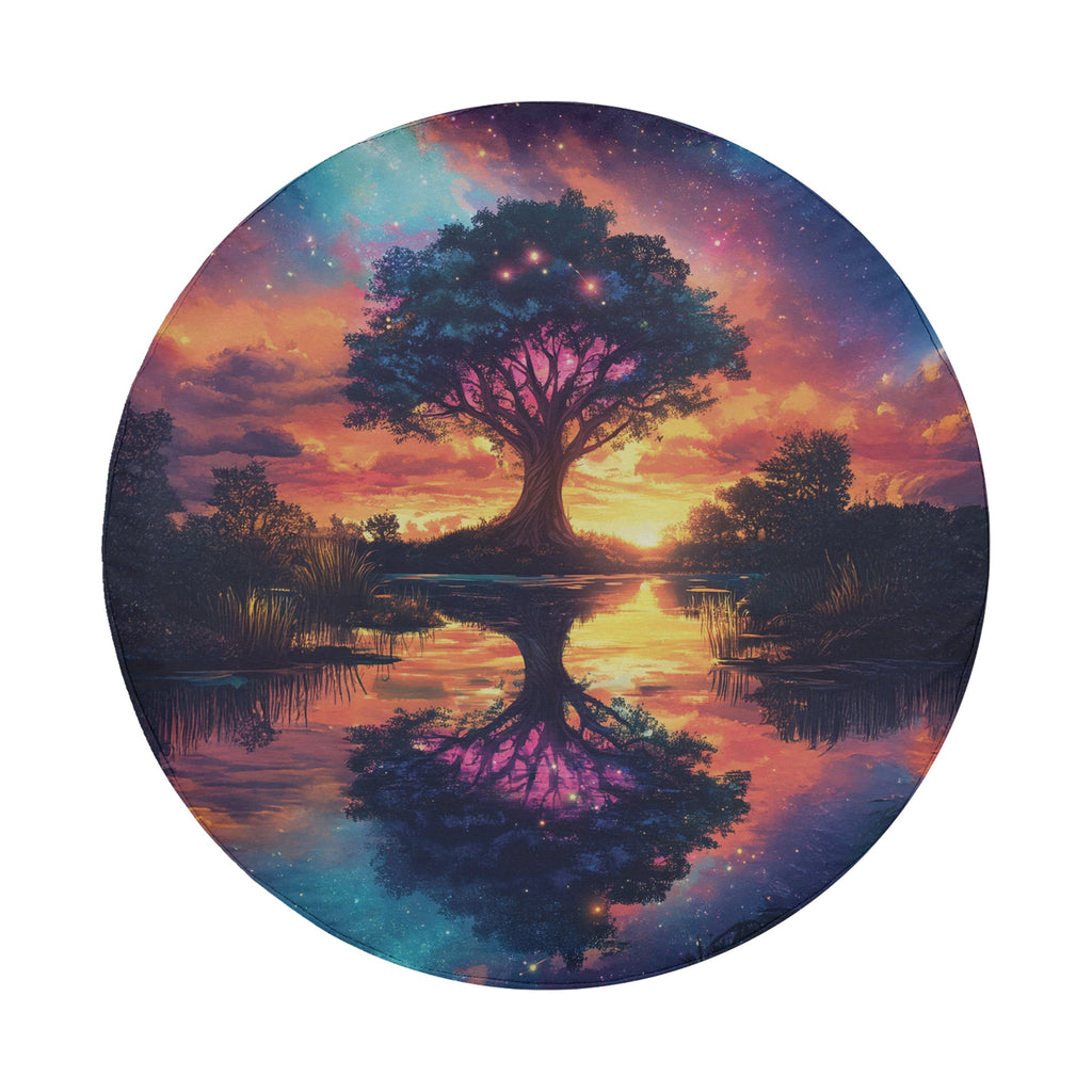 Dreamscape Tree spare tire cover round flat product view showing mirrored sunset tree art