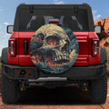 Wave of Damnation spare tire cover on red Ford Bronco rear with cracked skull in ocean swell artwork