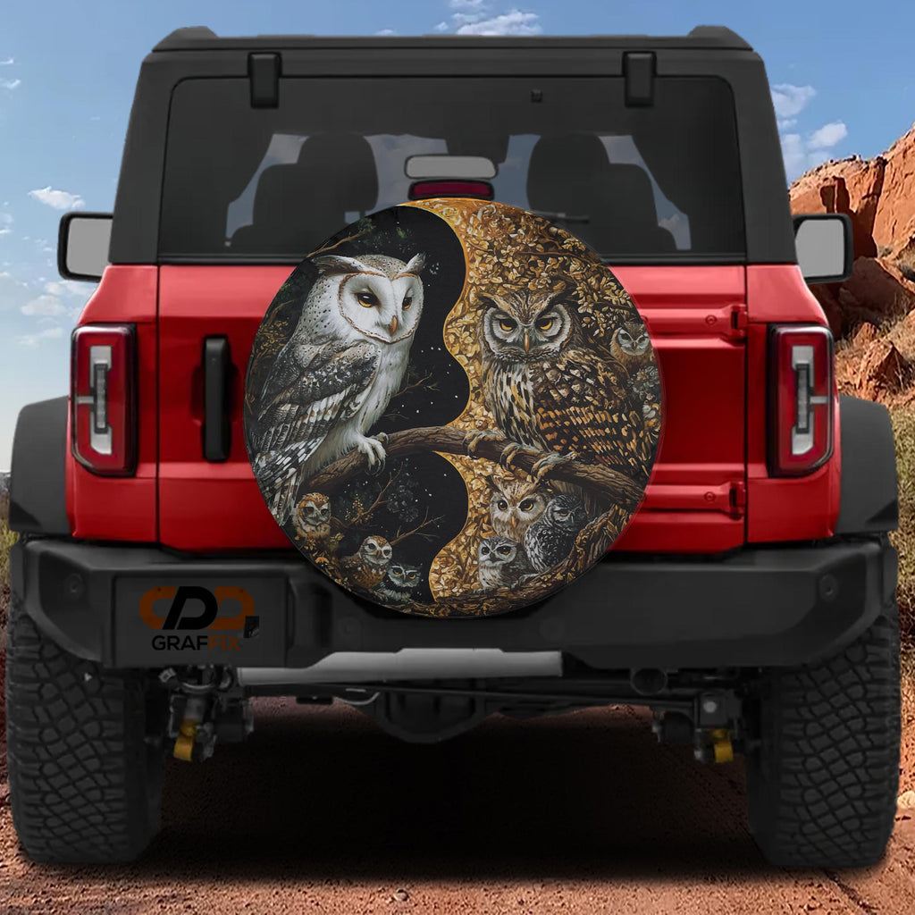Yin-Yang Owls spare tire cover on a red Jeep Wrangler showing the paired night-and-day owl design on the rear cover