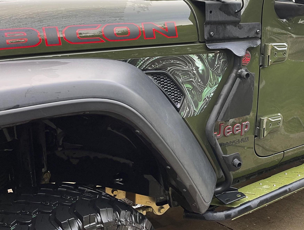 Jeep Wrangler JL Gladiator fender vent decal installed on Rubicon showing custom artwork