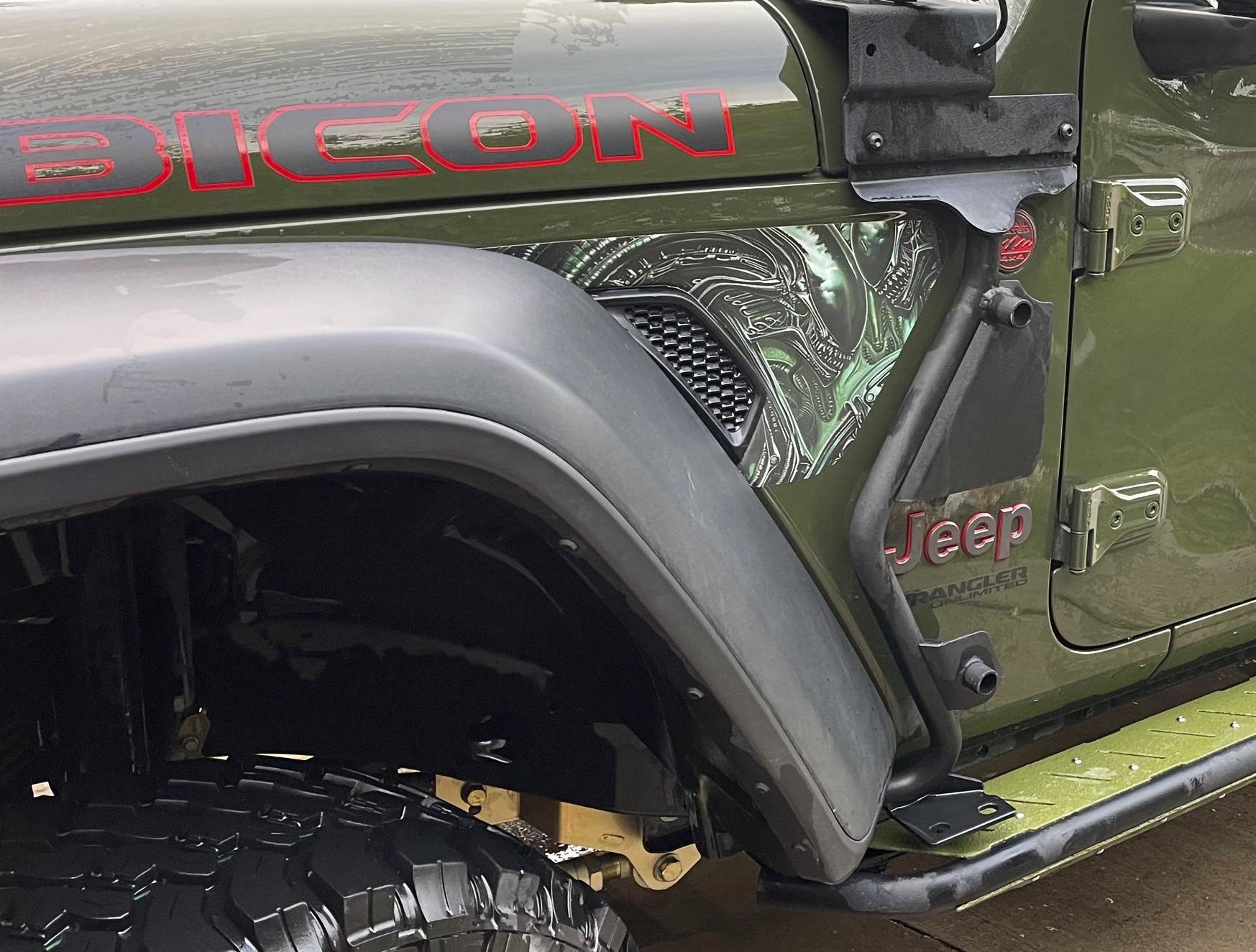 Jeep Wrangler JL Gladiator fender vent decal installed on Rubicon showing custom artwork