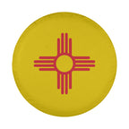 New Mexico State Flag spare tire cover detail showing Zia sun symbol with backup camera cutout