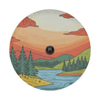 Minimalistic sunset landscape spare tire cover on a black Jeep Wrangler with GRAFFIX bumper sticker