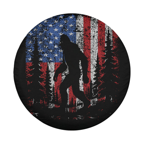 Lifestyle shot of Bigfoot Across America tire cover mounted on Jeep Wrangler outdoor scene