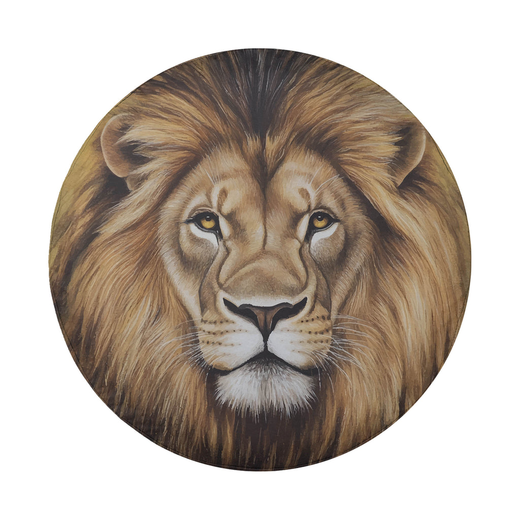 Lion of Judah spare tire cover on red Jeep Wrangler tailgate close shot of regal painted lion face