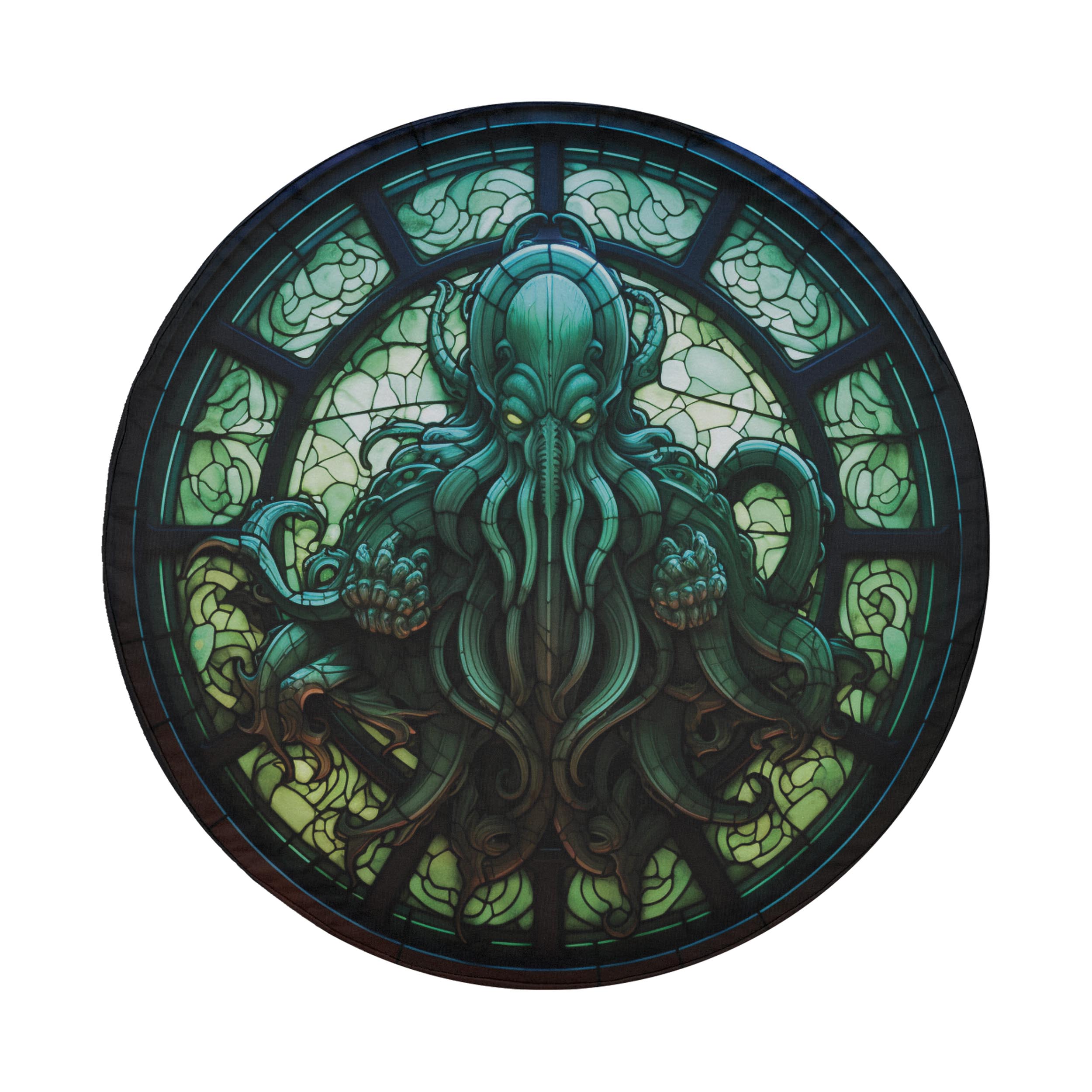 Cthulhu Rising stained glass spare tire cover mounted on a red Bronco rear hatch in a desert landscape scene