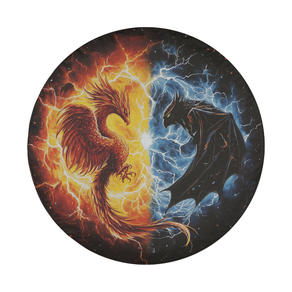 Phoenix vs Shadow Dragon spare tire cover round design with red phoenix opposing dark dragon in lightning