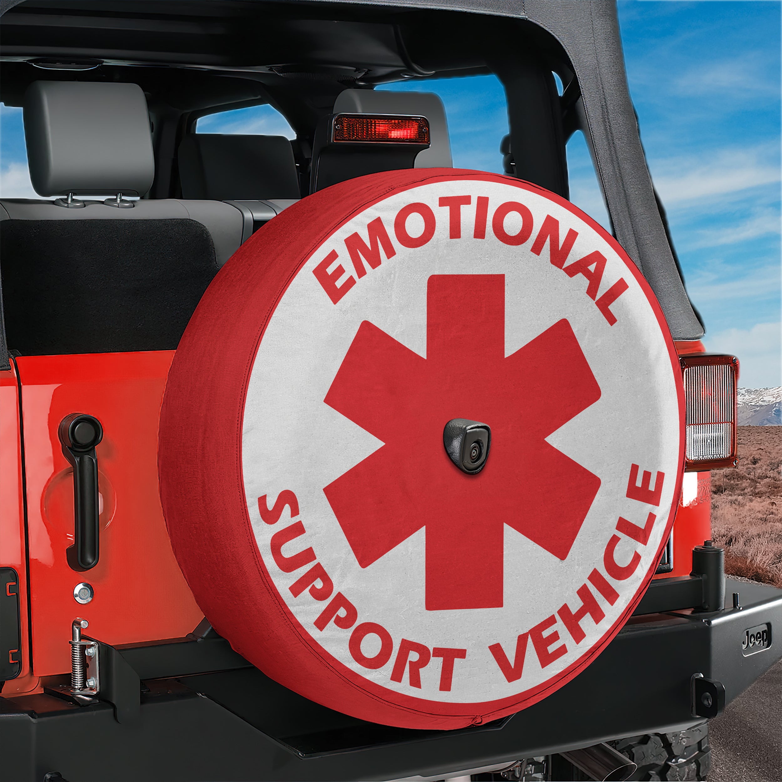 Emotional Support Vehicle spare tire cover with red medical alert star on black Jeep CDD GRAFFIX