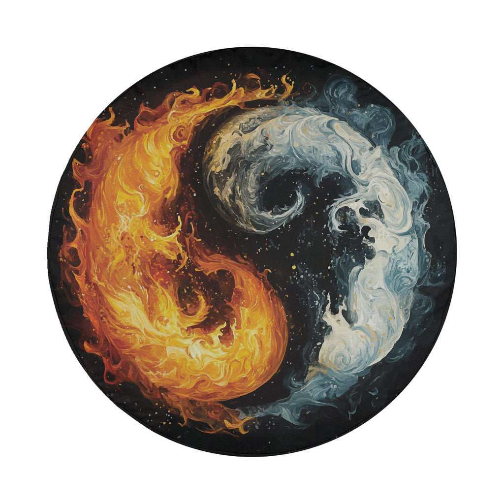 Fire and Ice Harmony spare tire cover round design showcasing fire and ice yin-yang on starry field