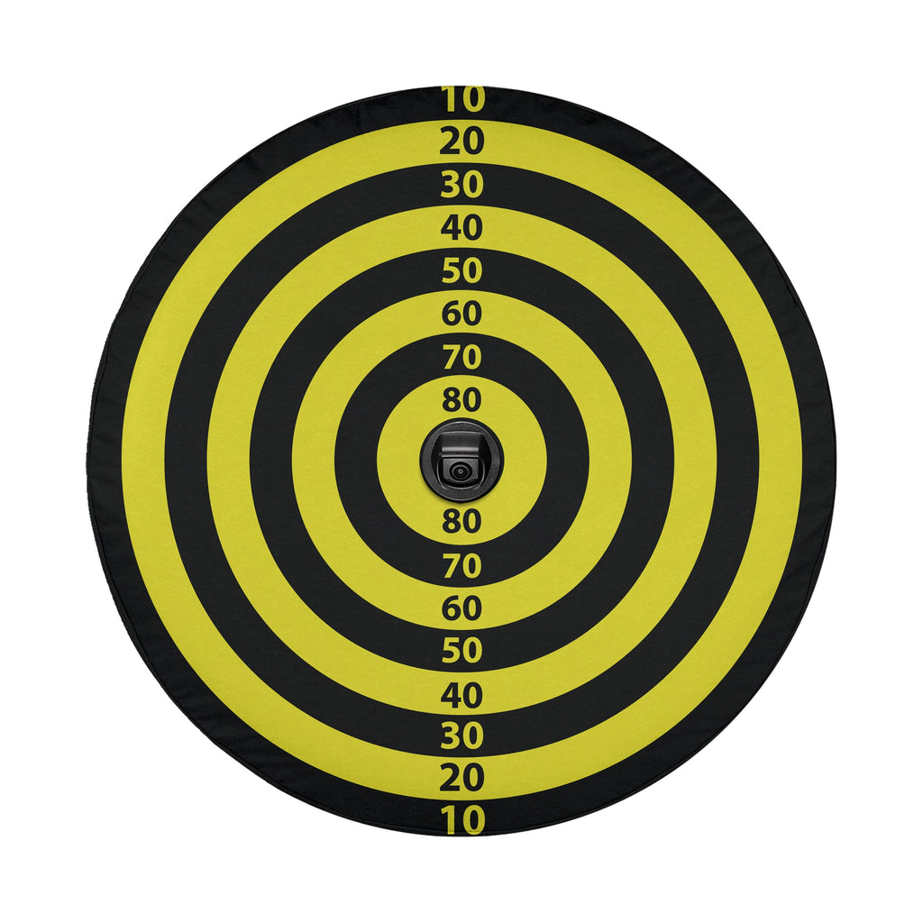 Magnetic style dart board spare tire cover detail with bold blue red yellow segment pattern