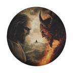 Heaven vs Hell Ultimate Battle spare tire cover round design with God and Devil meeting in clouds