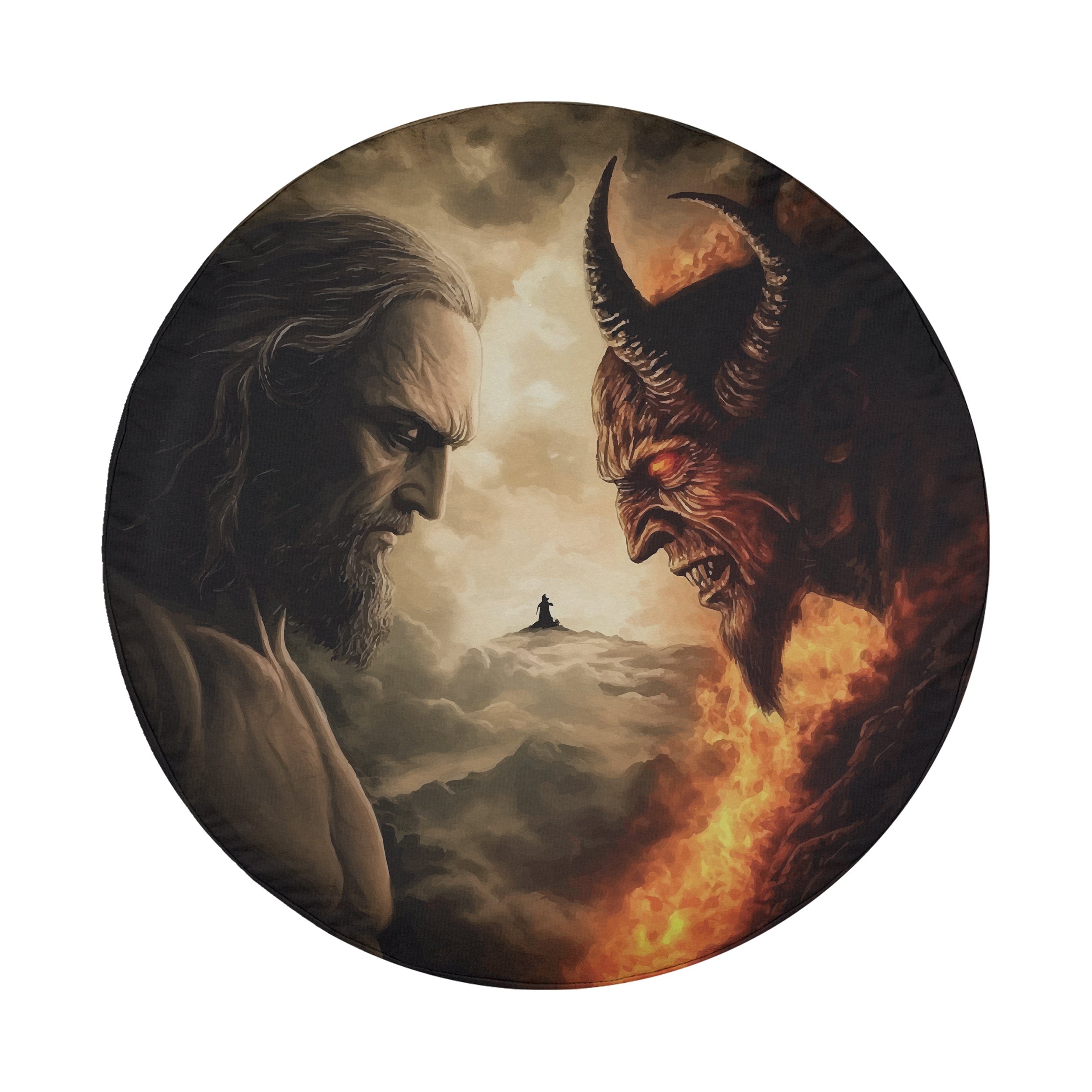 Heaven vs Hell Ultimate Battle spare tire cover round design with God and Devil meeting in clouds
