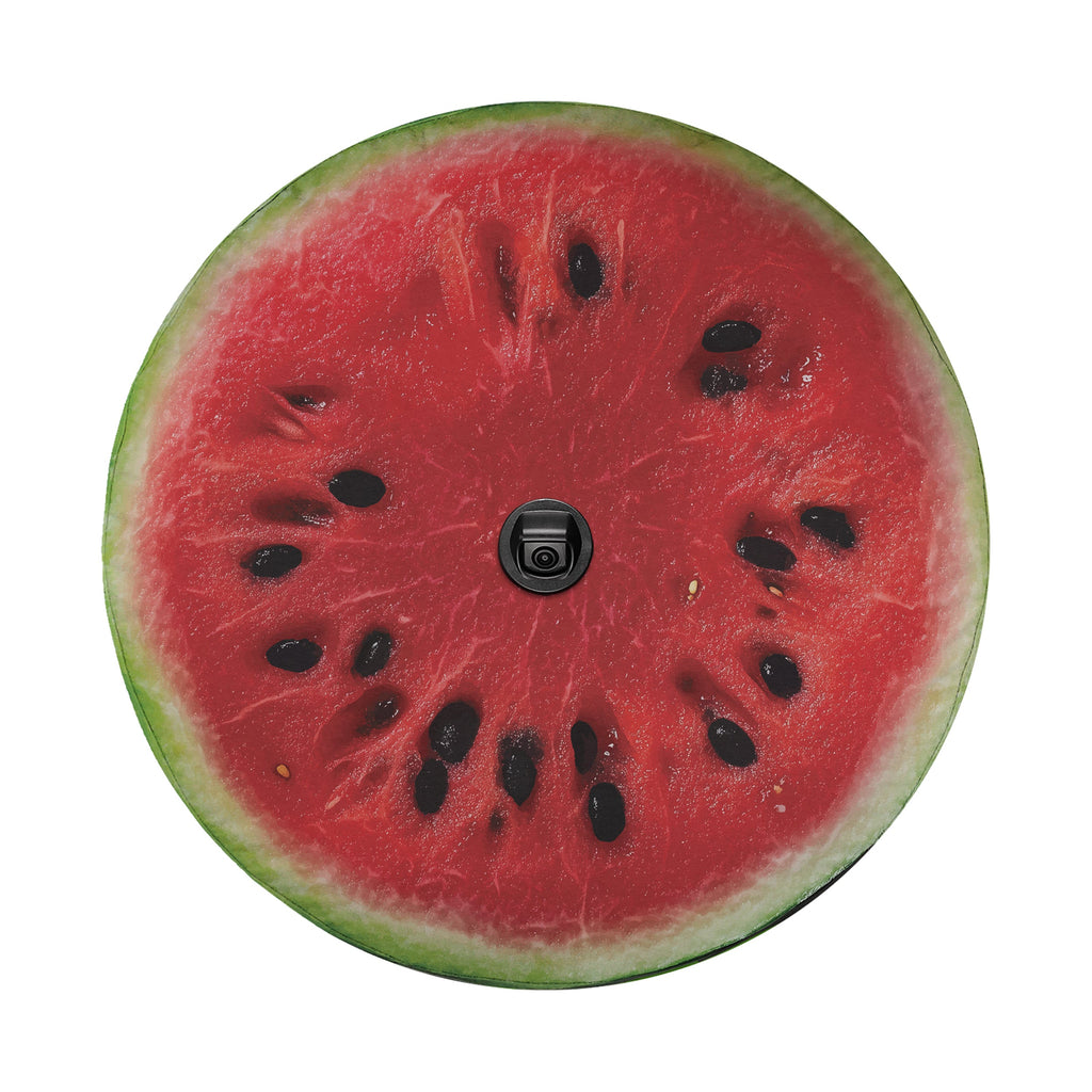 Watermelon half spare tire cover with juicy pink fruit slice and green rind summer design