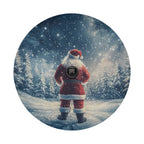 Flat round Santa Claus art for spare tire cover with snowfall pine forest and a serene blue sky
