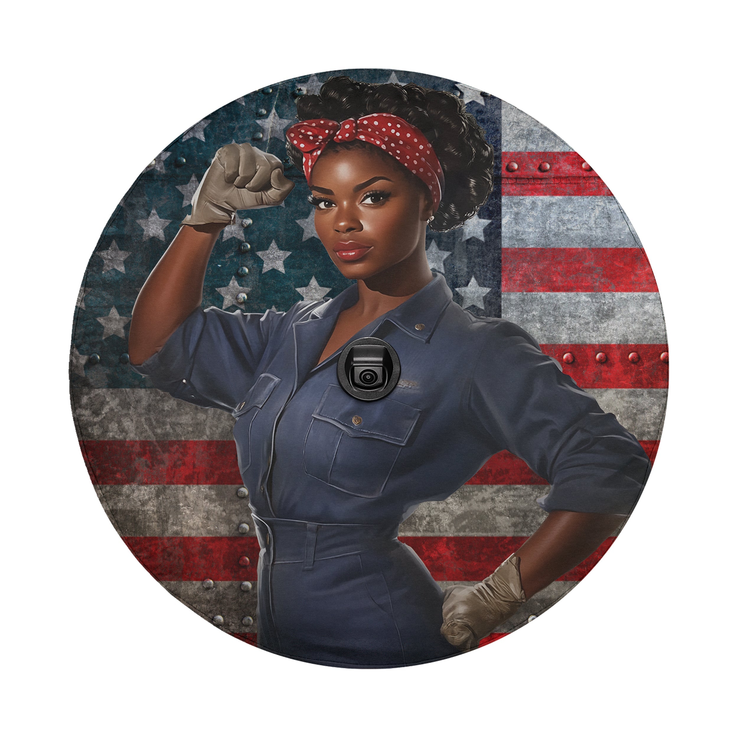 Sisterhood of Steel spare tire cover fabric and grommet closeup detail
