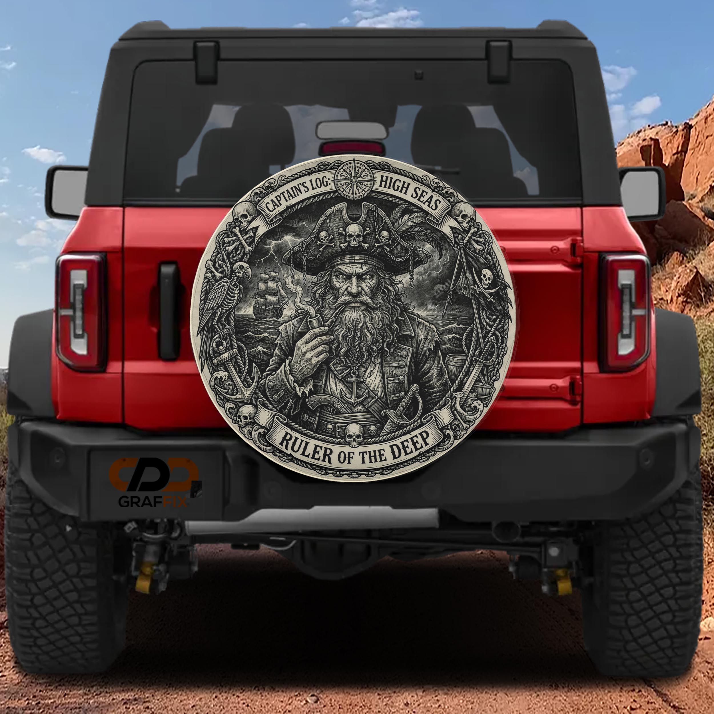 a red Jeep Wrangler with a large, detailed decal on the rear window depicting a pirate with a beard and hat.