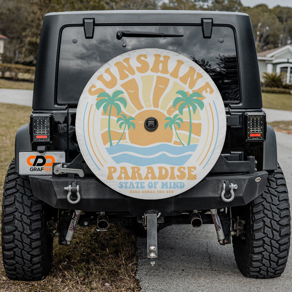 Sunshine Paradise design printed spare tire cover with optional backup camera hole by Graffix