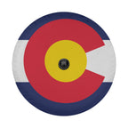 Colorado state flag spare tire cover close-up studio view of crisp C insignia without backup camera cutout