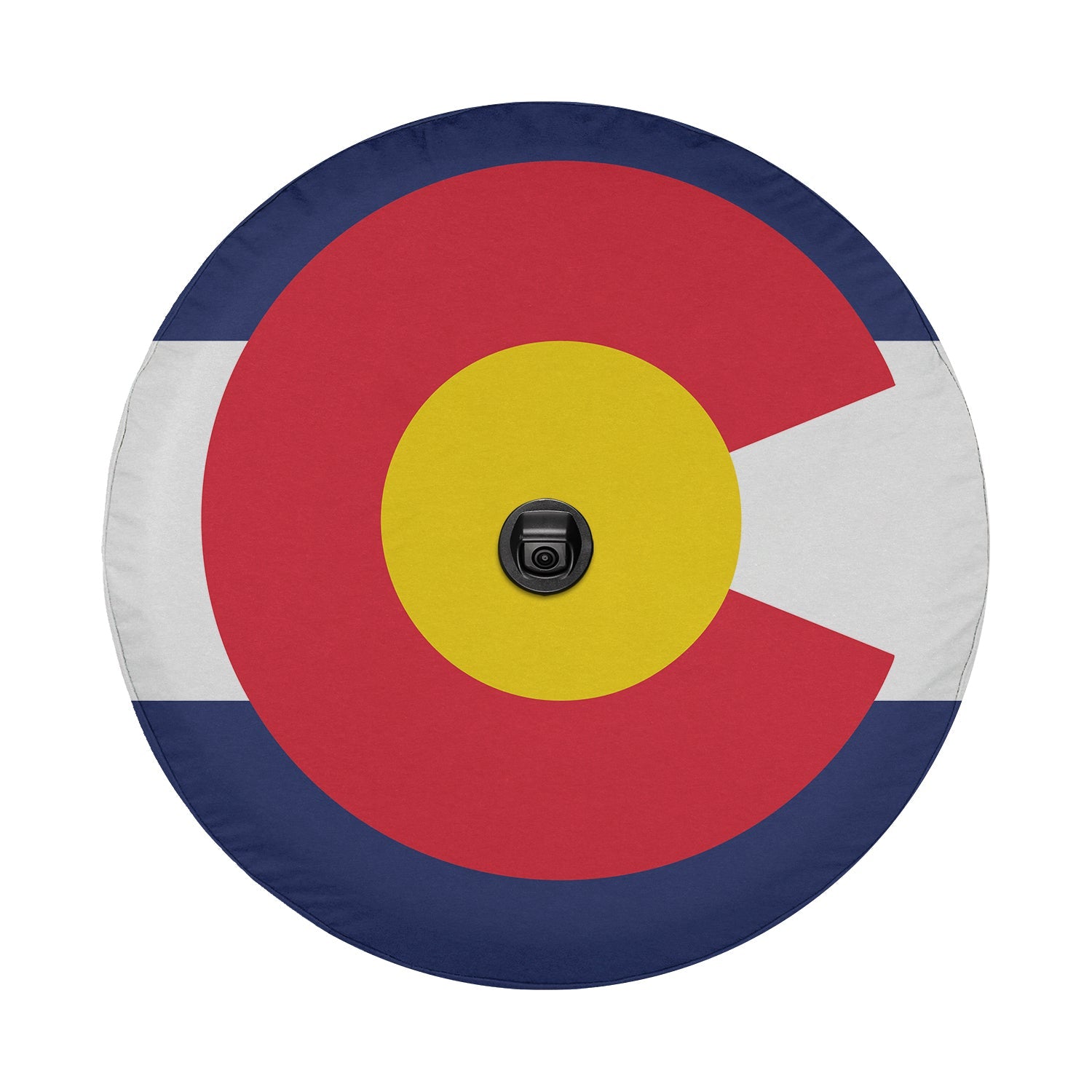 Colorado state flag spare tire cover close-up studio view of crisp C insignia without backup camera cutout