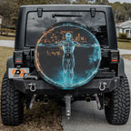 Modern Vitruvian Man blue digital art spare tire cover on black Jeep Wrangler rear