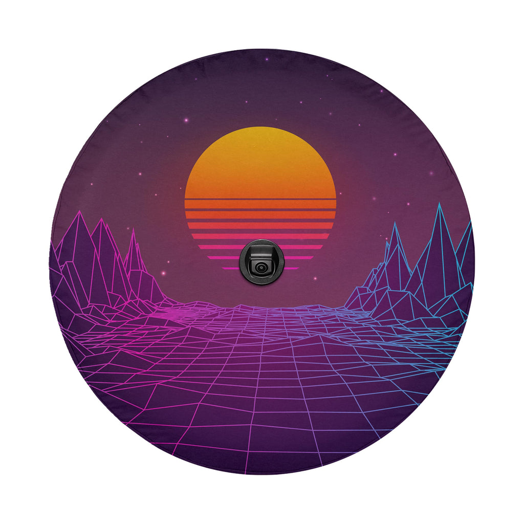 A circular design with a gradient background transitioning from purple to orange, and a large sun in the center. The background is dotted with stars, and the foreground features a grid-like pattern.