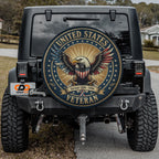 the back of a black jeep with a large, circular decal on the rear window that features an eagle and the text "United States Veteran" and "Serving 1990-1994".